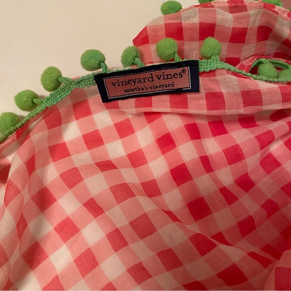 VINEYARD VINES SCARF PINK WHITE GINGHAM CHECK GREEN POM POMS LONG RECTANGLE WRAP
